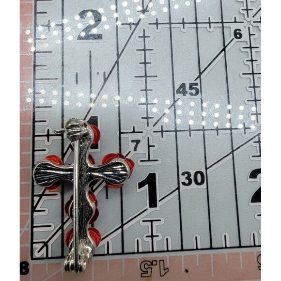 Red Enamel Rose Bud Cross Brooch Glass Rhinestone Accent Silver Tone Back - Picture 7 of 8